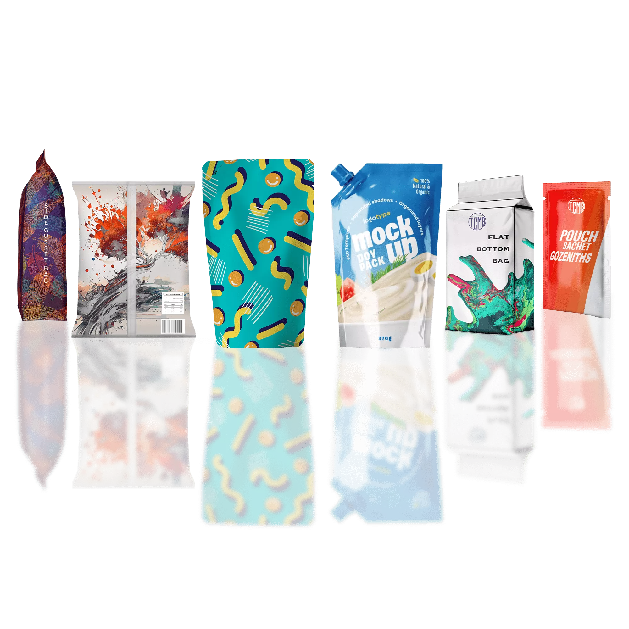 A collage showcasing various customizable, sustainable packaging options including mylar pouches, sachets, mylar bags, and gozeniths. Text overlay highlights organic and natural materials.