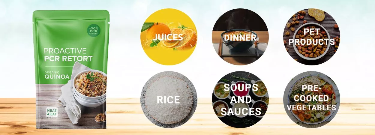 Popular-Uses-of-Retort-Packaging,Juices Dinner entree selection Pet products Rice Soups and sauces Pre-cooked vegetables 